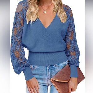 Merokeety Lace sleeve V-neck sweater, ribbed solid , size large , beige color